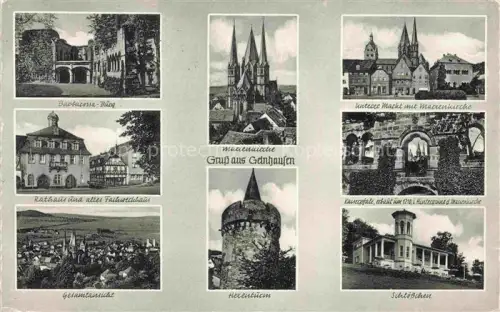 AK / Ansichtskarte Gelnhausen Hessen Barbarossa Burg Marienkirche Markt Rathaus Fachwerkhaus Fliegeraufnahme Hexenturm Schloesschen Kaiserpfalz