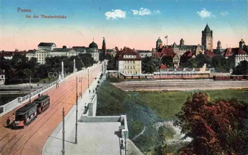 AK / Ansichtskarte Posen  POZNAN PL An der Theaterbruecke Strassenbahn Pruefstempel