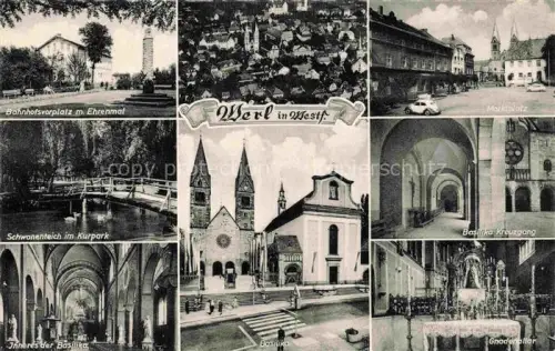 AK / Ansichtskarte Werl Westfalen Bahnhofsvorplatz mit Ehrenmal Fliegeraufnahme Marktplatz Schwanenteich Kurpark Basilika Inneres Gnadenaltar Kreuzgang