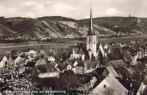AK / Ansichtskarte Rhens Rhein Mayen-Koblenz Rheinland-Pfalz Panorama Kirche Blick zur Marksburg