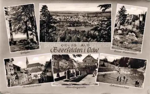 AK / Ansichtskarte Beerfelden Odenwald Hessen Galgen Panorama Ruine Ferienstein Strassenpartie Muemlingquelle Schwimmbad