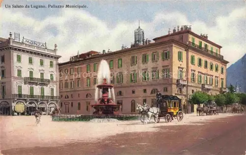 AK / Ansichtskarte LUGANO Lago di Lugano TI Pallazzo Municipale Fontana Pferdekutsche Photochromo