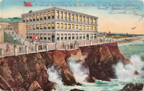 AK / Ansichtskarte SAN FRANCISCO California USA Promenade overlooking the Ocean Cliff House Illustration