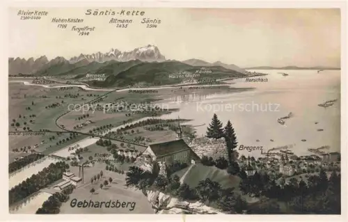 AK / Ansichtskarte BREGENZ Vorarlberg Bodensee Panoramakarte Gebhardsberg Blick gegen Saentisgruppe Appenzeller Alpen aus der Vogelperspektive Kuenstlerkarte
