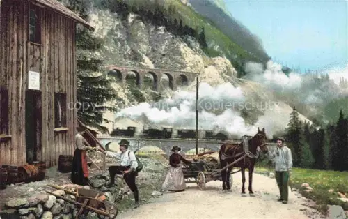 AK / Ansichtskarte Berguen Bravuogn Albula GR Partie an der Albulabahn Dampflokomotive Pferdefuhrwerk