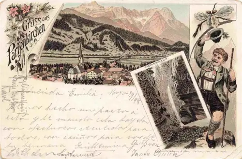 AK / Ansichtskarte Partenkirchen GARMISCH-PARTENKIRCHEN Bayern Panorama Wasserfall Trachten Litho