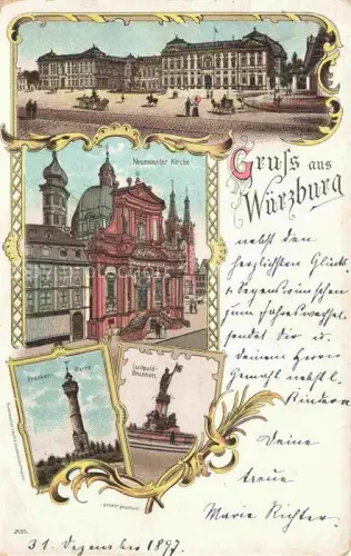 AK / Ansichtskarte WueRZBURG Bayern Stadtzentrum Neumuenster Kirche Frankenwarte Luitpold-Brunnen Litho