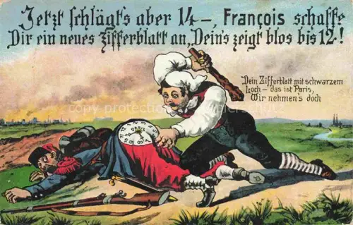 AK / Ansichtskarte PARIS 75 Jetzt schlaegt's aber 14 Ziffernblatt Karikaturen Kuenstlerkarte Feldpost