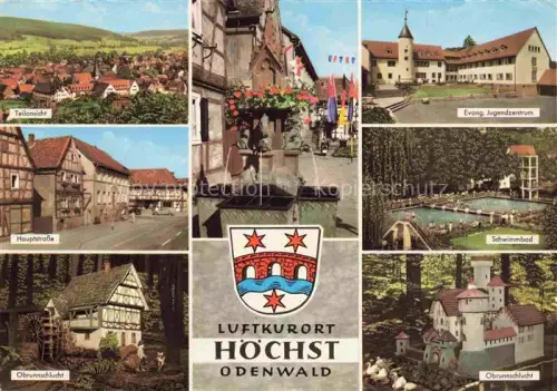 AK / Ansichtskarte Hoechst Odenwald Hessen Teilansicht Hauptstrasse Obrunnschlucht Brunnen Ev Jugendzentrum Schwimmbad Schloss