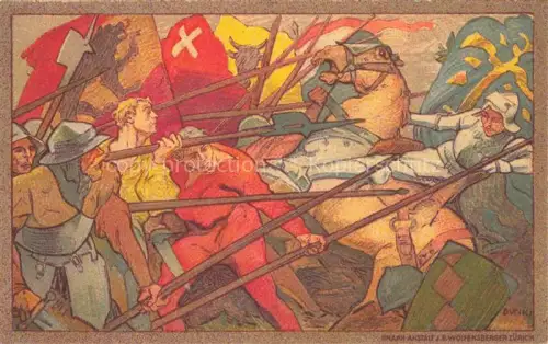 AK / Ansichtskarte Bundesfeier Schweiz Jahrgang:  Pferd Fahnen 