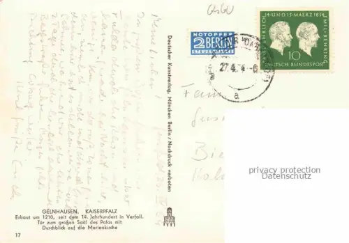 AK / Ansichtskarte Gelnhausen Hessen Kaiserpfalz Tor zum grossen Saal des Palas mit Durchblick auf die Marienkirche