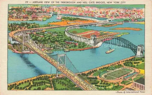 AK / Ansichtskarte NEW_YORK_City_USA Airplane view of the Triborough Bridge and Hell Gate Bridges Illustration 