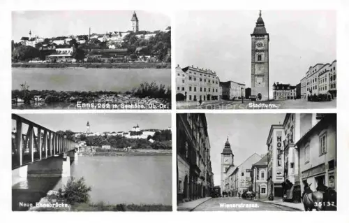 AK / Ansichtskarte Enns Oberoesterreich AT Panorama Stadtturm Partie an der Enns Neue Bruecke Wienerstrasse