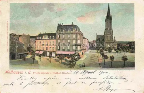 AK / Ansichtskarte Muelhausen Elsass Friedensplatz und Katholische Kirche