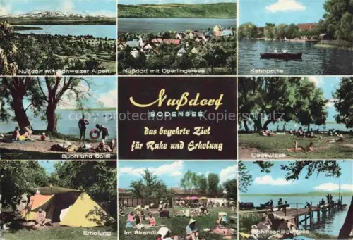 AK / Ansichtskarte Nussdorf Bodensee ueberlingen BW Panorama ueberlingersee Kahnpartie Strand Liegewiese Zelten Strandbad Schiffsanlegestelle