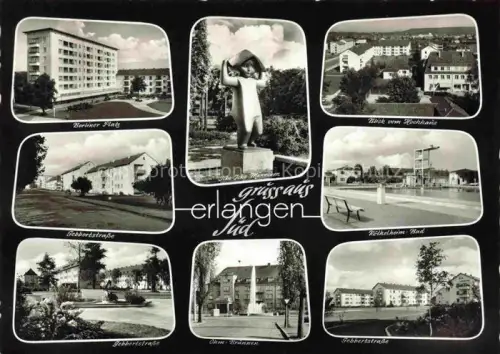 AK / Ansichtskarte ERLANGEN Bayern Berliner Platz Gebbertstrasse Wohnsiedlung Ohm-Brunnen Freibad Stadtpanorama Icke Icke-Maennchen
