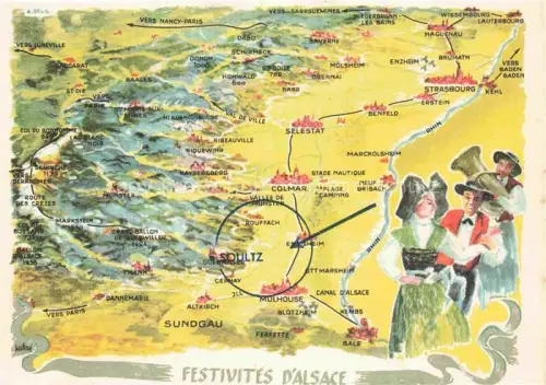 AK / Ansichtskarte Soultz Elsass Sulz Guebwiller 68 Haut-Rhin Landkarte Vogesen Trachten Hôtel Restaurant Aux Deux Clefs