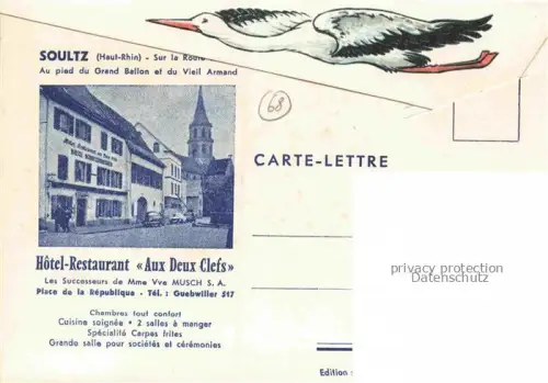 AK / Ansichtskarte Soultz Elsass Sulz Guebwiller 68 Haut-Rhin Landkarte Vogesen Trachten Hôtel Restaurant Aux Deux Clefs