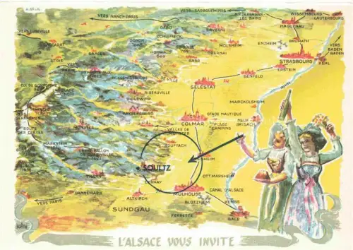 AK / Ansichtskarte Soultz Elsass Sulz Guebwiller 68 Haut-Rhin Landkarte Vogesen Trachten Hôtel Restaurant Aux Deux Clefs