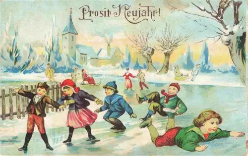 AK / Ansichtskarte Neujahr Annee New Year Prosti Kinder Eislaufen
