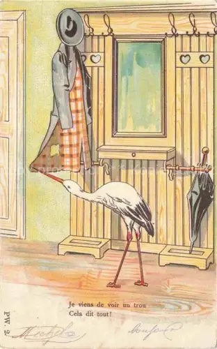 AK / Ansichtskarte Storch Stork Cigogne Ciguena-- Mantel Hut Schirm 