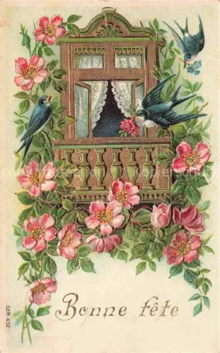 AK / Ansichtskarte Schwalben Swallow Hirondelle Golondria Voegel Birds Oiseaux Bonne fete Balkon Bluemen 