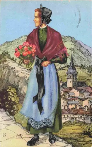 AK / Ansichtskarte Beaufort ALBERTVILLE 73 Savoie Trachten Ansicht mit Kirche Kuenstlerkarte