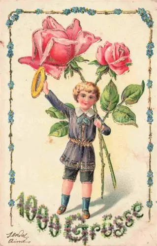 AK / Ansichtskarte Rosen Roses Rosas-- Litho Kind 1000 Gruesse 