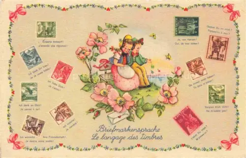 AK / Ansichtskarte BriefmarkenSPRACHE auf Ak Language des Timbres-- Kinder Blumen 