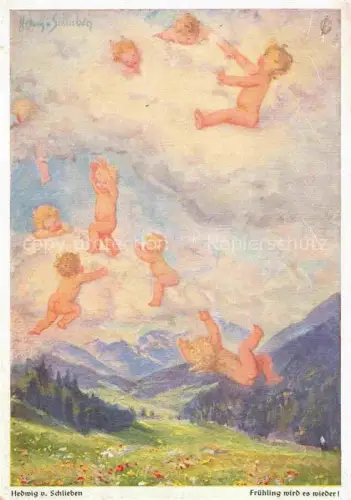 AK / Ansichtskarte SCHLIEBEN Hedwig von Kuenstlerkarte Fruehling wir es Wieder Kinder Engel Muenchen Nr. 8093 