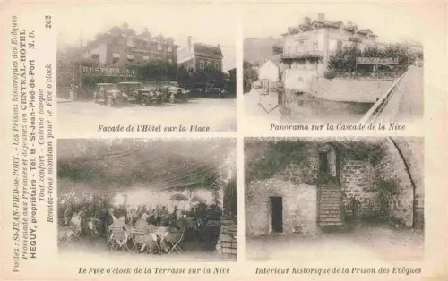 AK / Ansichtskarte St-Jean-Pied-de-Port BAYONNE 64 Pyrenees-Atlantiques Central Hôtel Heguy Restaurant Terrasse Cascade de la Nive Intérieur historique de la Prison des Evêques