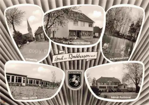 AK / Ansichtskarte Brockhagen Steinhagen Guetersloh NRW Ortsmitte Foto Drogerie Heinrich Muehlenteich Schwaene Schloss Patthorst Schule