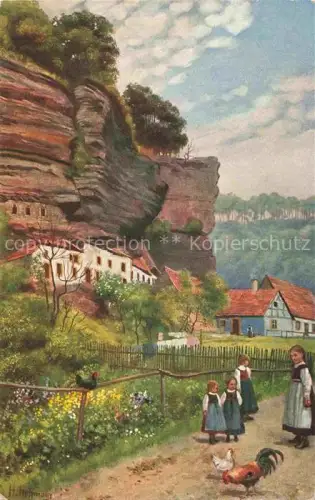AK / Ansichtskarte HOFFMANN__Heinrich_Kuenstlerkarte Felsenwohnungen Graufthal Nuernberg Kinder Huehner  