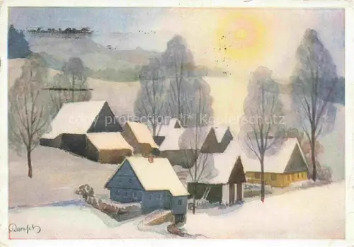 AK / Ansichtskarte KARASEK Rudolf (1895-1986) Kuenstlerkarte Isergebirgsdorf im Winter Sudetendeutsches Hilfswerk 