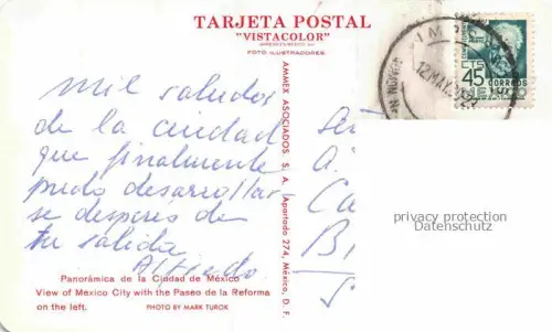 AK / Ansichtskarte Mexico -City D.F. Mexico View with the Paseo de la Reforma on the left