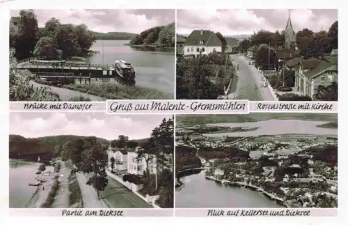 AK / Ansichtskarte Malente-Gremsmuehlen Ostholstein Bruecke mit Dampfer Rosenstrasse mit Kirche Partie am Dieksee Kellersee und Dieksee Fliegeraufnahme