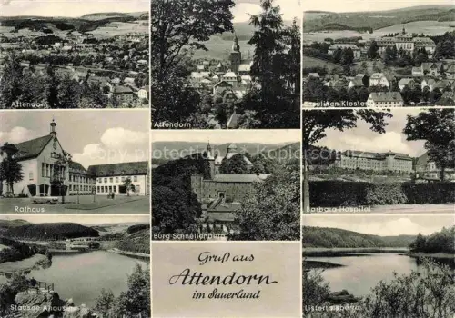 AK / Ansichtskarte Attendorn OLPE NRW Panorama Ursulinenkloster Rathaus Stausee Ahausen Burg Schnellenberg Barbara Hospital Listertalsperre