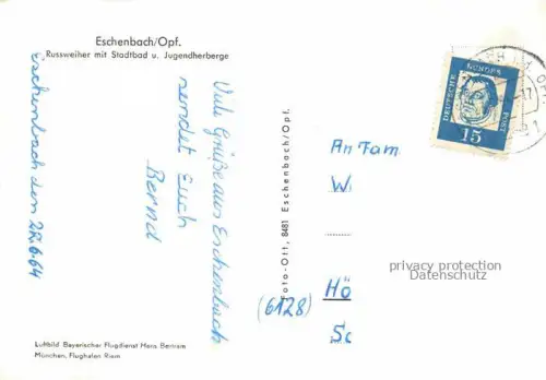 AK / Ansichtskarte Eschenbach Oberpfalz Neustadt Waldnaab Bayern Russweiher mit Stadtbad und Jugendherberge Fliegeraufnahme