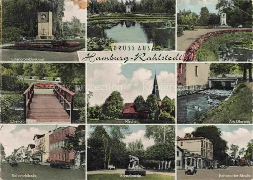 AK / Ansichtskarte Rahlstedt HAMBURG Liliencron Denkmal und Park Weiher Park Kirche Uferweg Bahnhofstrasse aehrenleserin Rahlstedter Strasse