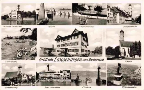 AK / Ansichtskarte Langenargen Bodensee Schloss Montfort Hafen Seepromenade Hauptstrasse Strandbad Gasthof Adler Kirche Wasserburg Bach Schachen Lindauer Hafen Pfaenderbahn