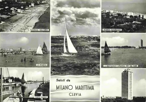 AK / Ansichtskarte Cervia MILANO MARITTIMA Emilia-Romagna IT Fliegeraufnahme La Spiaggia Porto Canale Scorcio Panoramico Grattacielo e spiaggia vesti dal mare Grattacielo