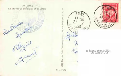 AK / Ansichtskarte BONE Annaba Constantine Algerie La statue de Bertagna et le Cours 