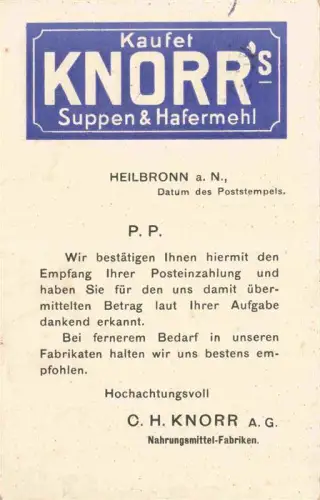 AK / Ansichtskarte HEILBRONN Neckar Empfangsbestaetigung der KNORR AG Nahrungsmittelfabrik