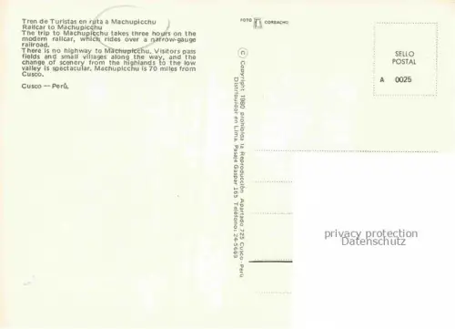 AK / Ansichtskarte Cusco Peru Tren de Turistas en ruta a Machupicchu Railcar to Machupicchu