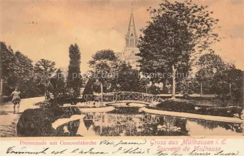 AK / Ansichtskarte Muelhausen Elsass Promenade mit Genovefakirche