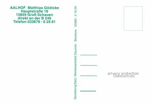 AK / Ansichtskarte Gross-Schauen Storkow Mark Brandenburg Aalhof Matthias Goedicke Terrasse Theke Aalraeucherei