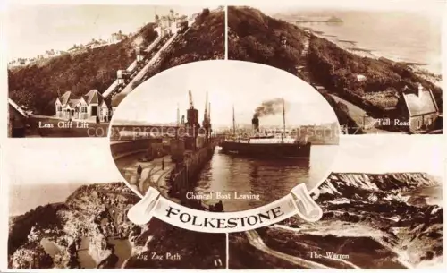 AK / Ansichtskarte FOLKESTONE Shepway Kent UK Leas Cliff Lift Toll Road Channel Boat Leaving Zig Zag Path The Warren