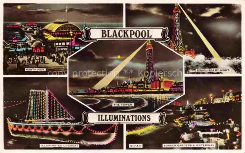 AK / Ansichtskarte BLACKPOOL  UK North Pier Illuminated Lifeboat The Tower Rough Sea by Night Sunken Gardens and Waterway