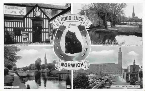 AK / Ansichtskarte Norwich  UK Maddermarket Theatre Thorpe Green Norwich Cathedral City Hall and Market Place