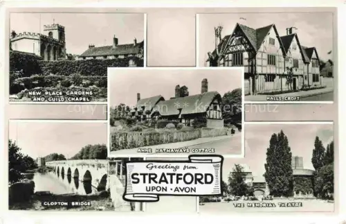 AK / Ansichtskarte Stratford -on-Avon UK New Place Gardens and Guild Chapel Clopton Bridge Anne Hathaways Cottage Halls Croft The Memorial Theatre